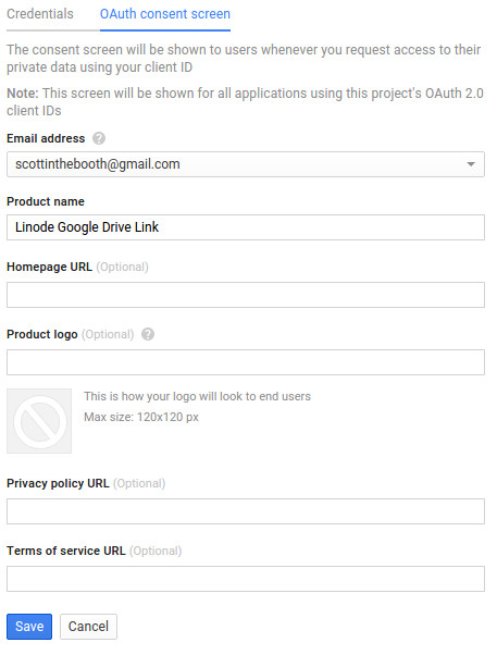 Configuring the Google Drive API project. I named mine "Google Drive Linode link"