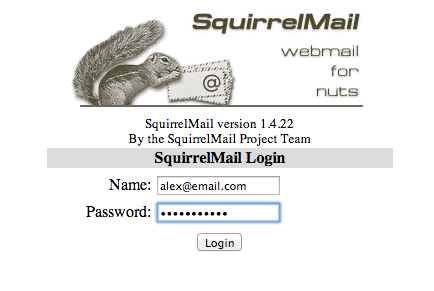 SquirrelMail Login Page with a username and password.