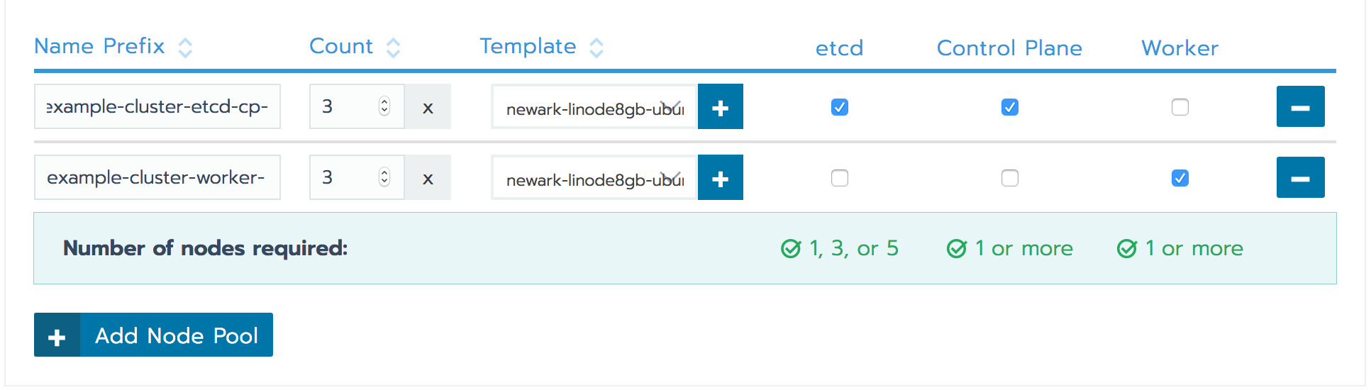 Rancher Add Node Template form - example production node pool configuration