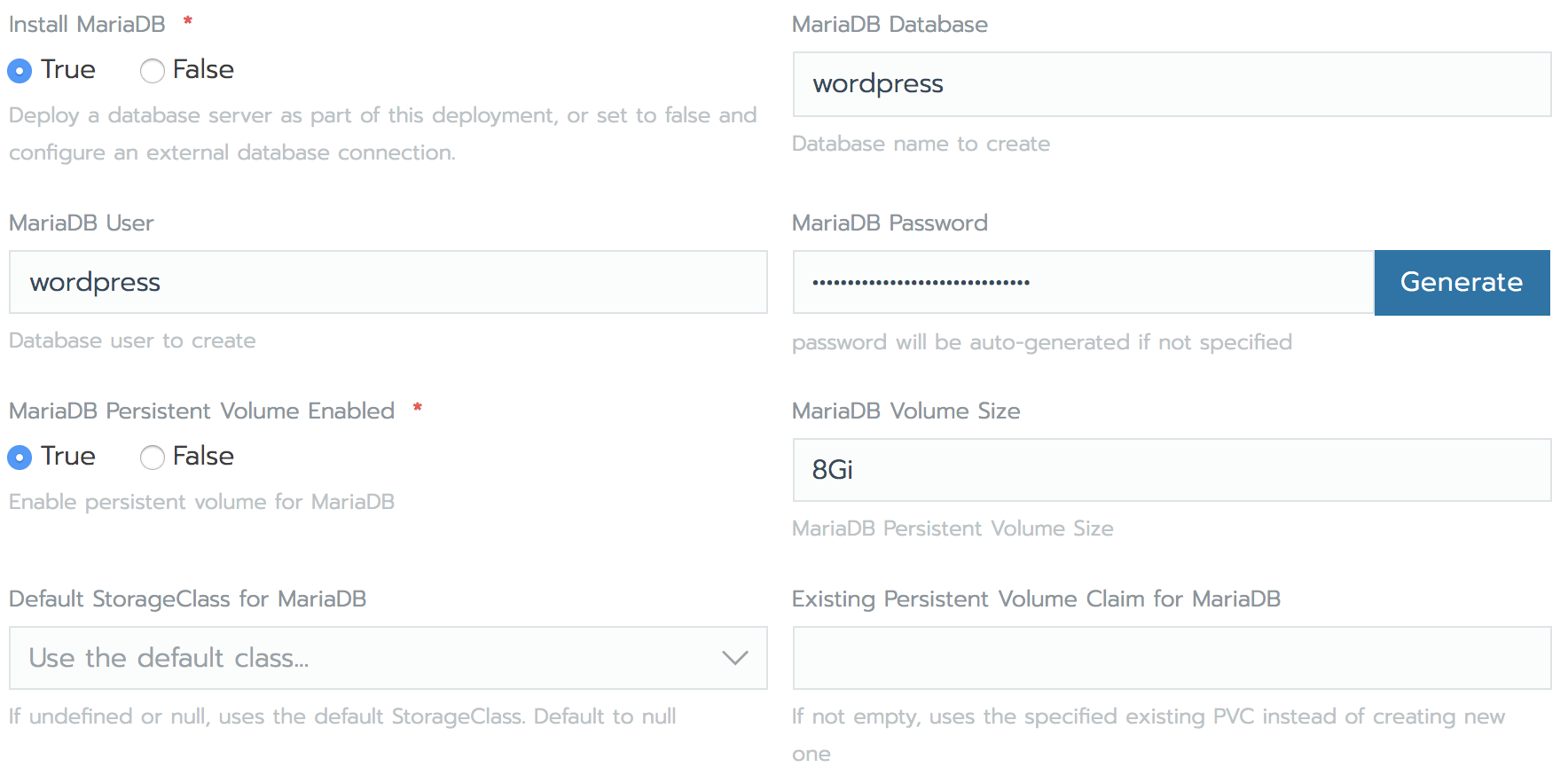 Rancher WordPress form - Database Settings