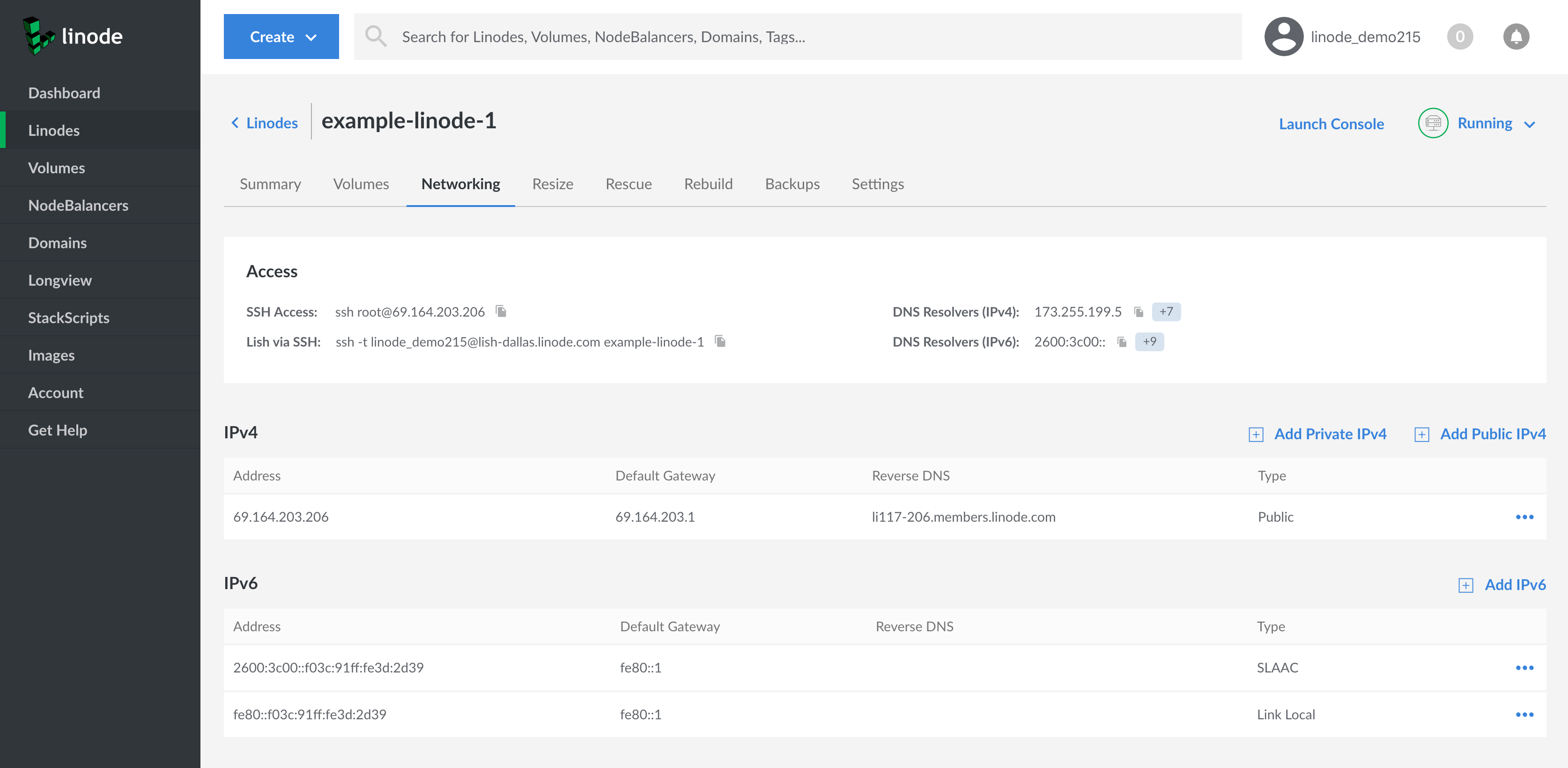 A Linode Networking Tab detail view.