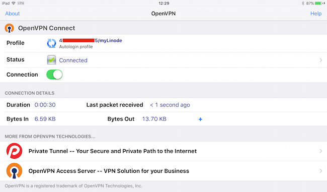 OpenVPN Connect, connected.