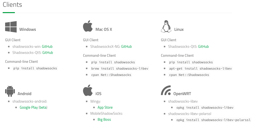 Shadowsocks download page