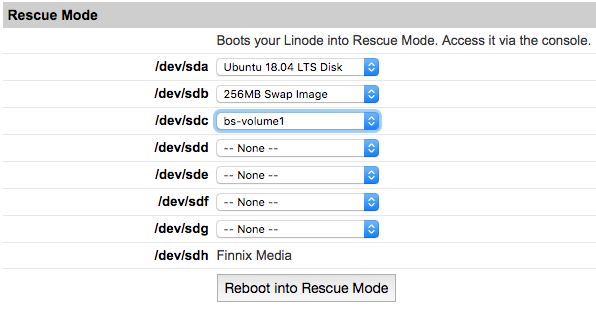 Mount the Block Storage Volume as /dev/sdc and reboot into Rescue Mode