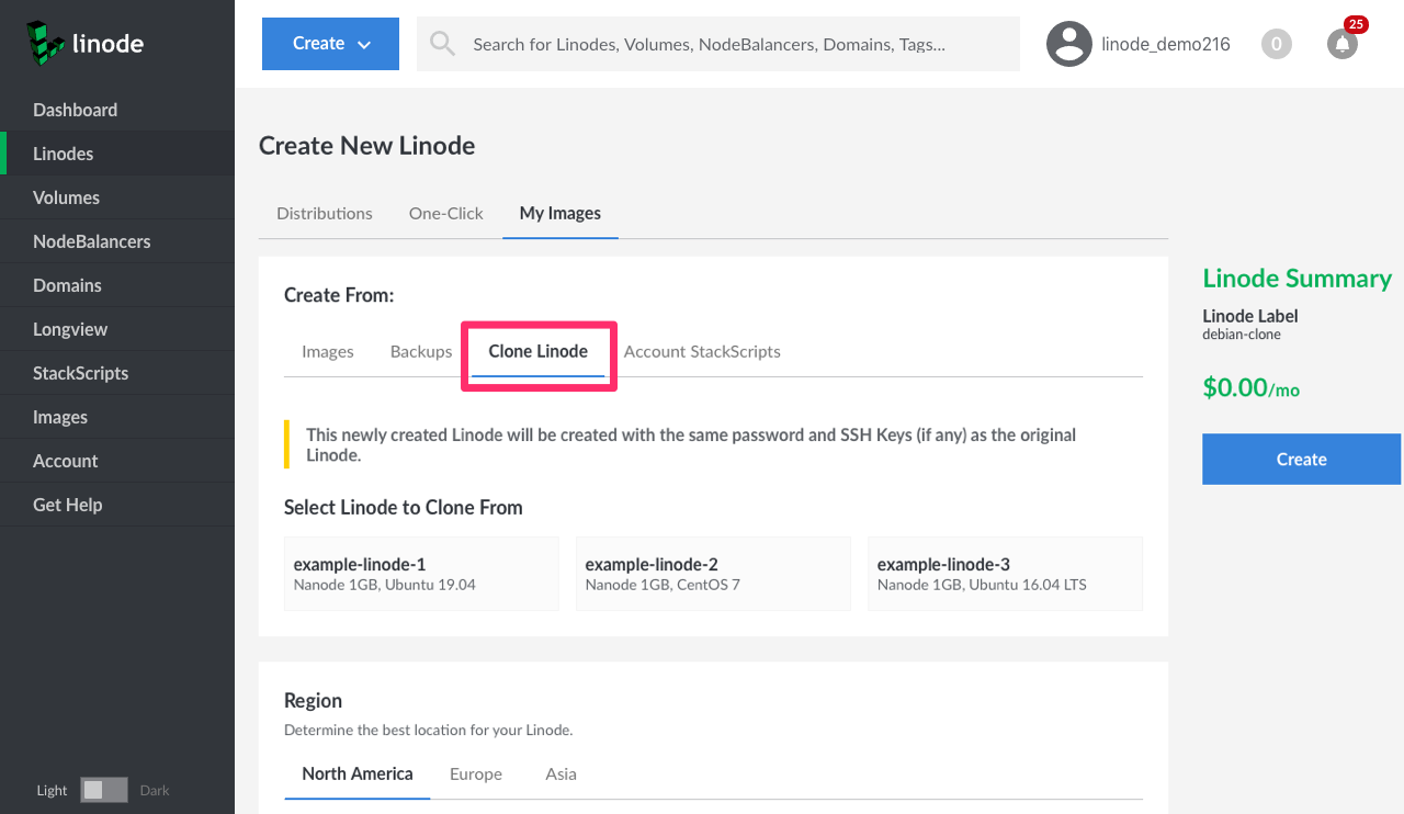 Select the 'Clone Linode' tab to clone an existing Linode.
