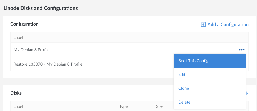 Navigate to the Configurations section of your Linode's Disks/Configs tab.