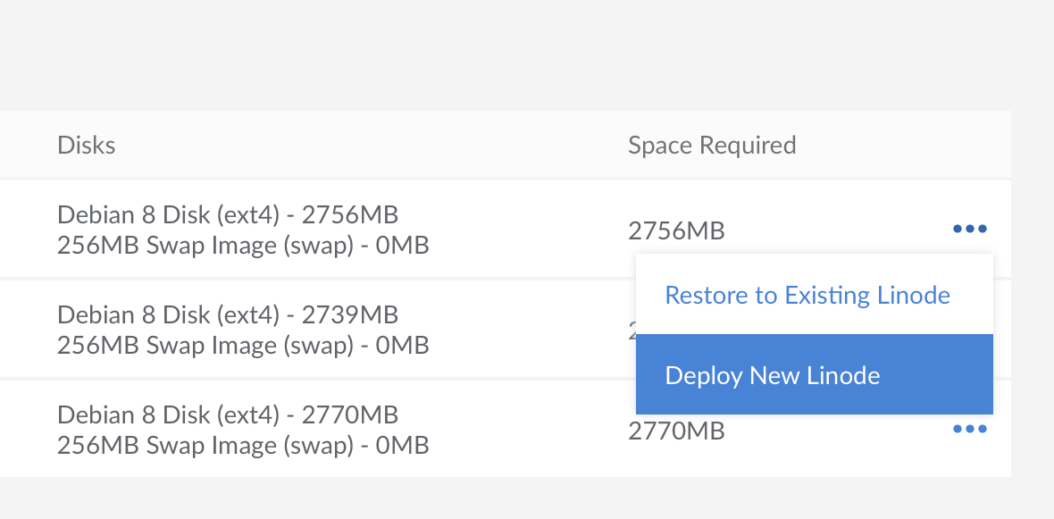 Click on the ellipsis menu icon to restore to a new Linode.