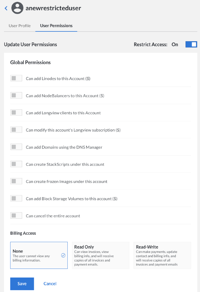 Configure User permissions in the Linode Cloud Manager.