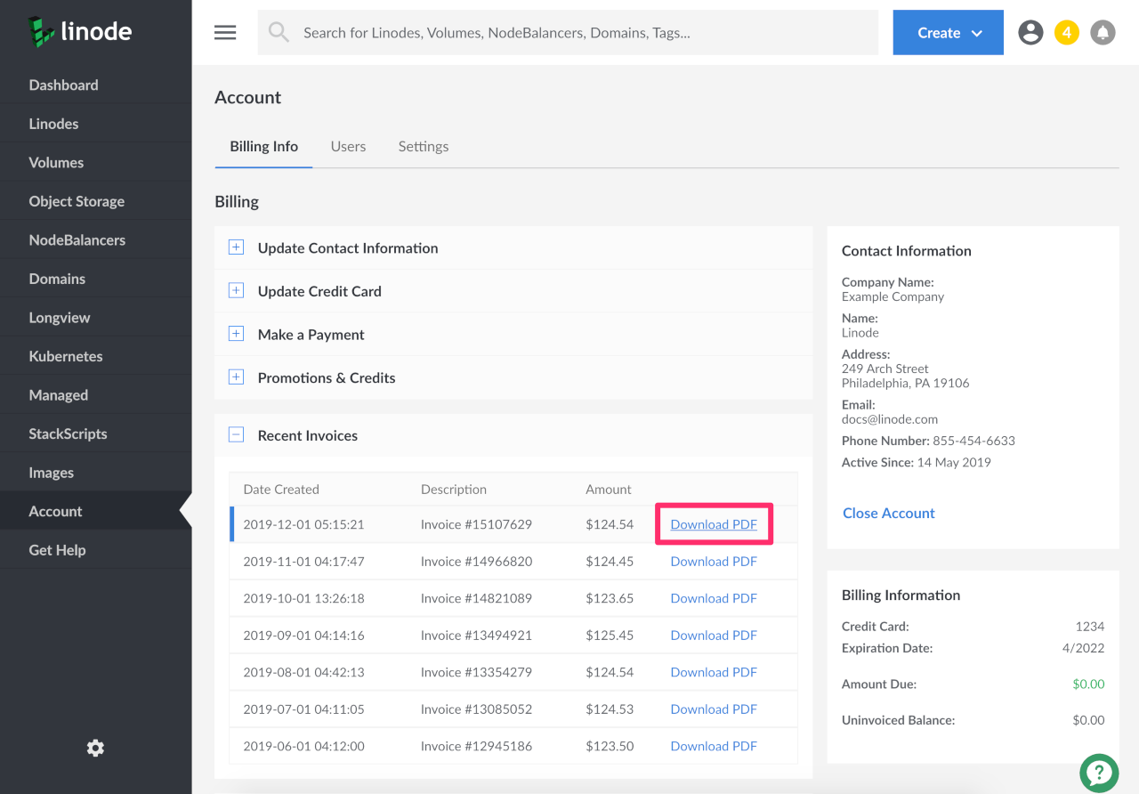 Cloud Manager Download Invoice from Recent Invoices List