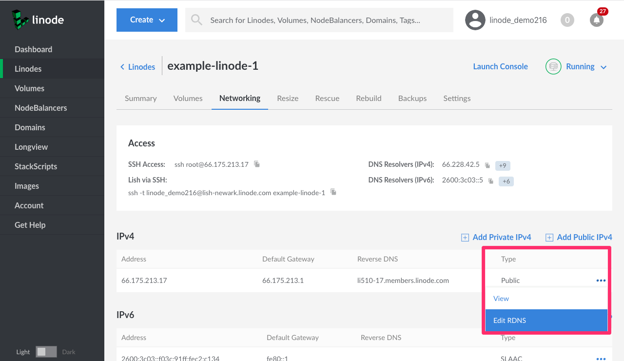 Select 'Edit RDNS' option from the IP address menu.