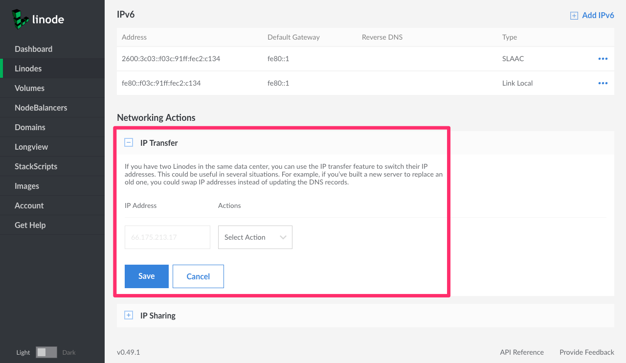 The IP Transfer menu in the Cloud Manger