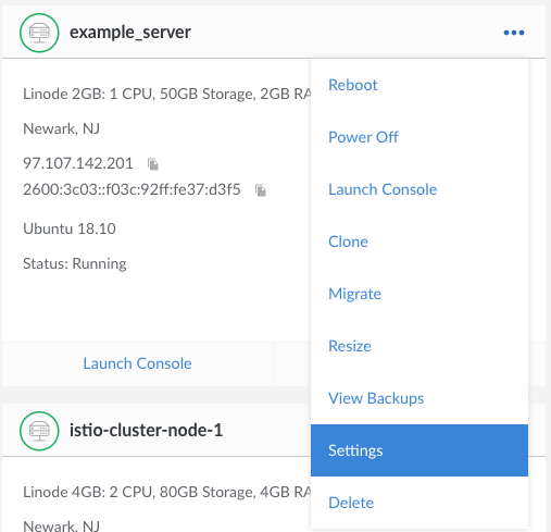 Navigate to the Linode's Settings page