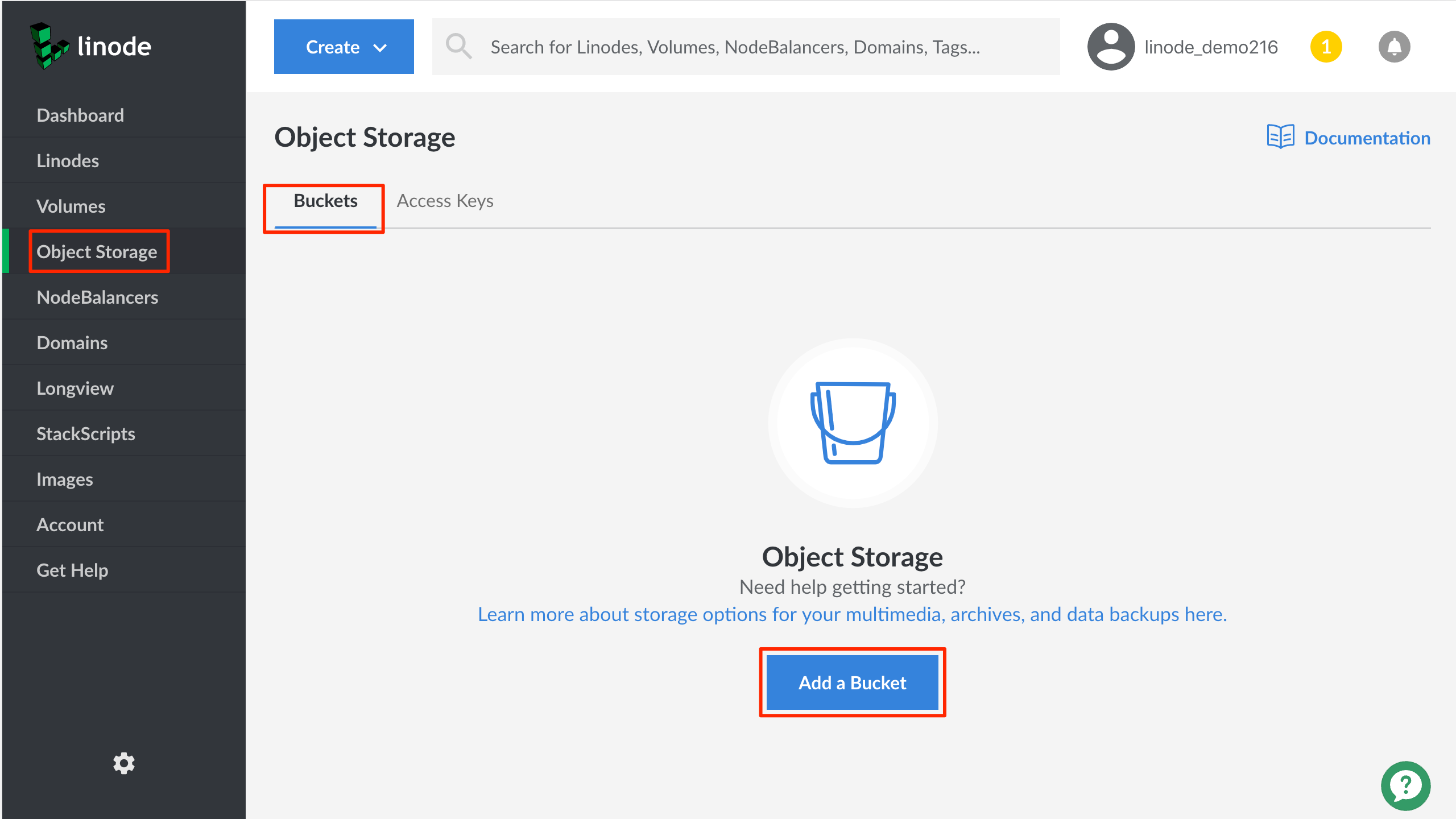 The Object Storage menu.