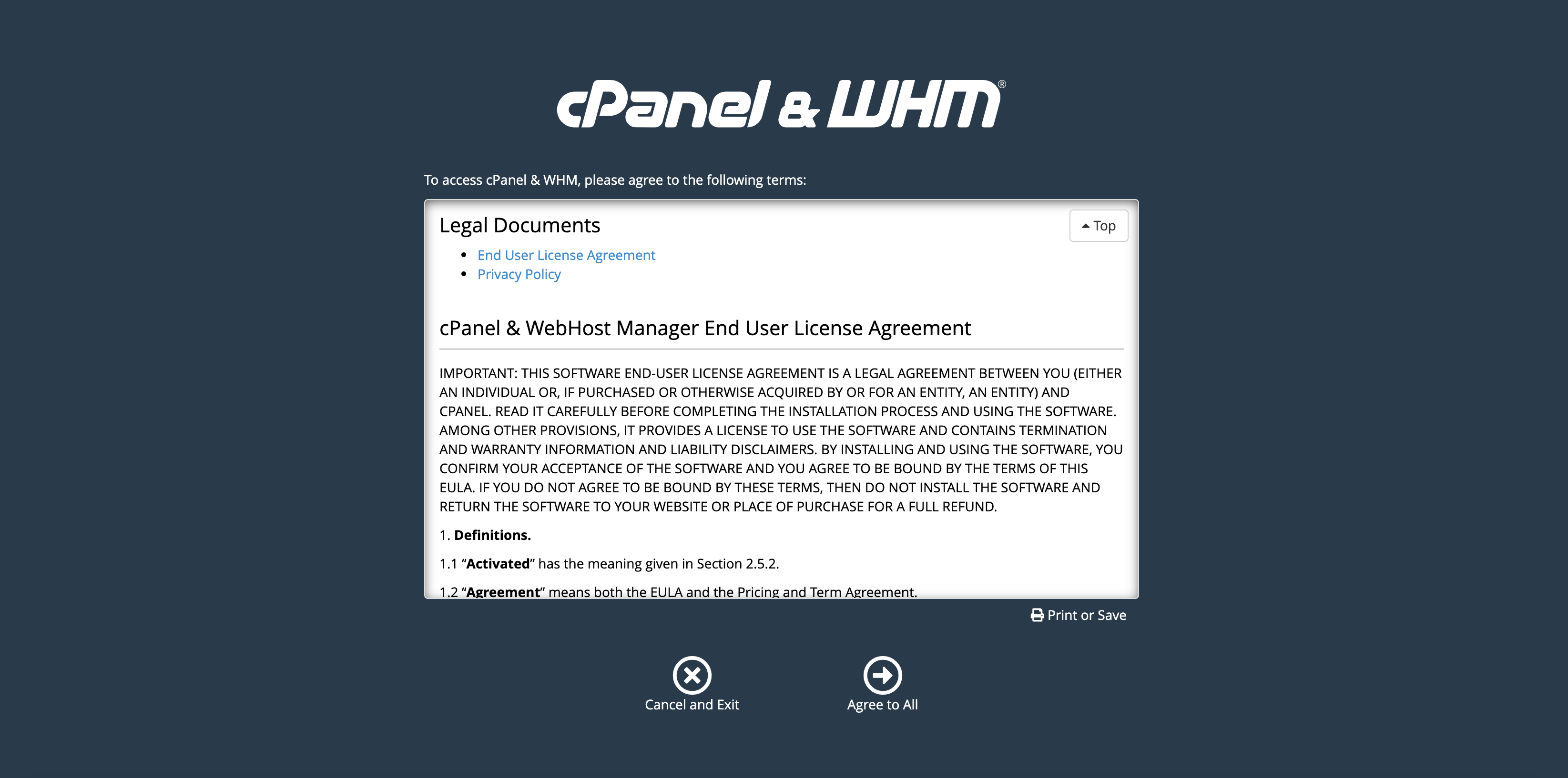 Agree to cPanel and WHM's terms