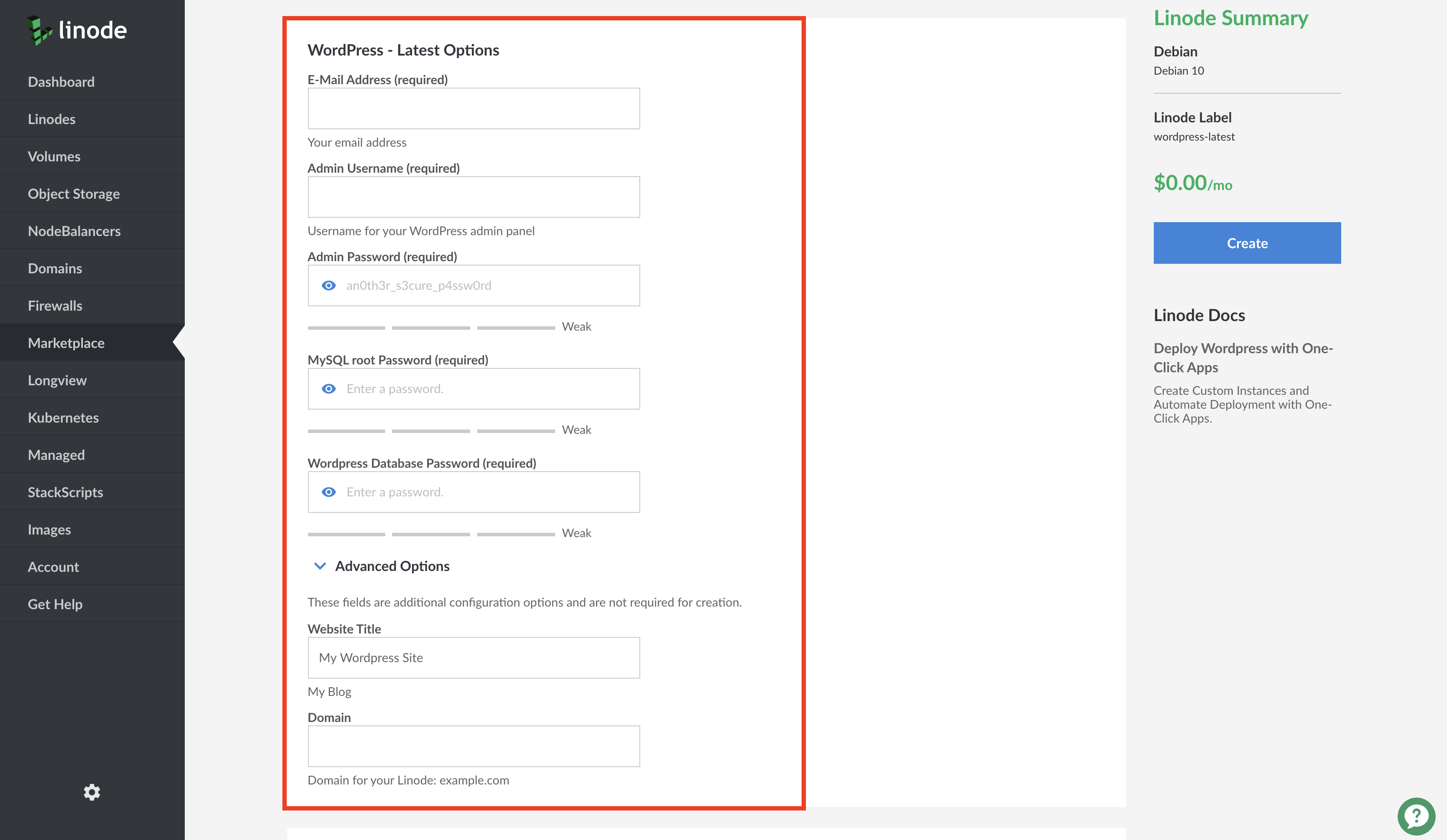 Fill out the required Options fields, which are marked with an asterisk.