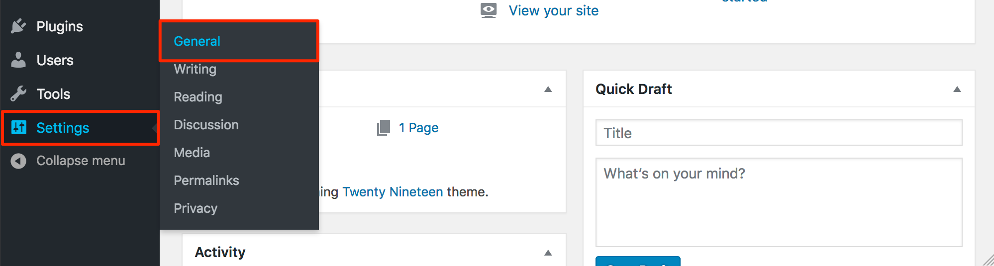 WordPress general settings menu option highlighted