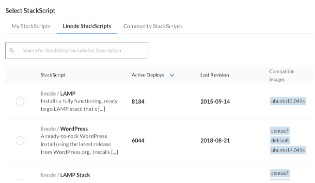 StackScript selection options.