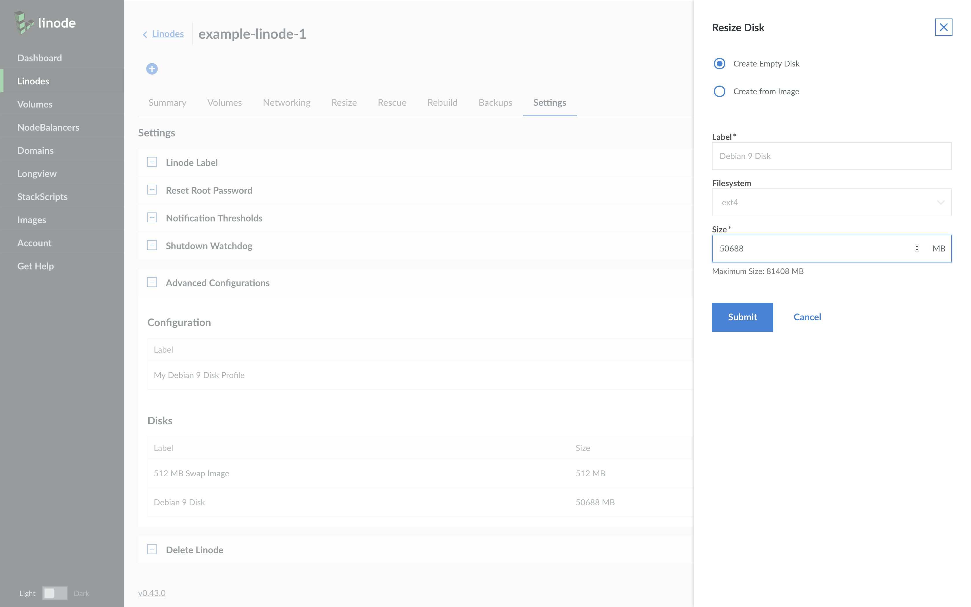 Resize the Linode disk and submit