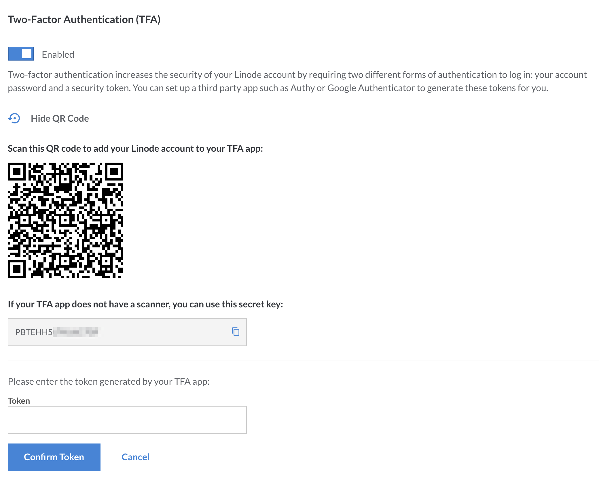 The key and QR code for two-factor authentication.