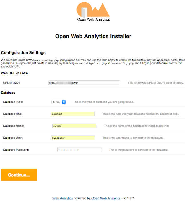 Open Web Analytics set up screen.