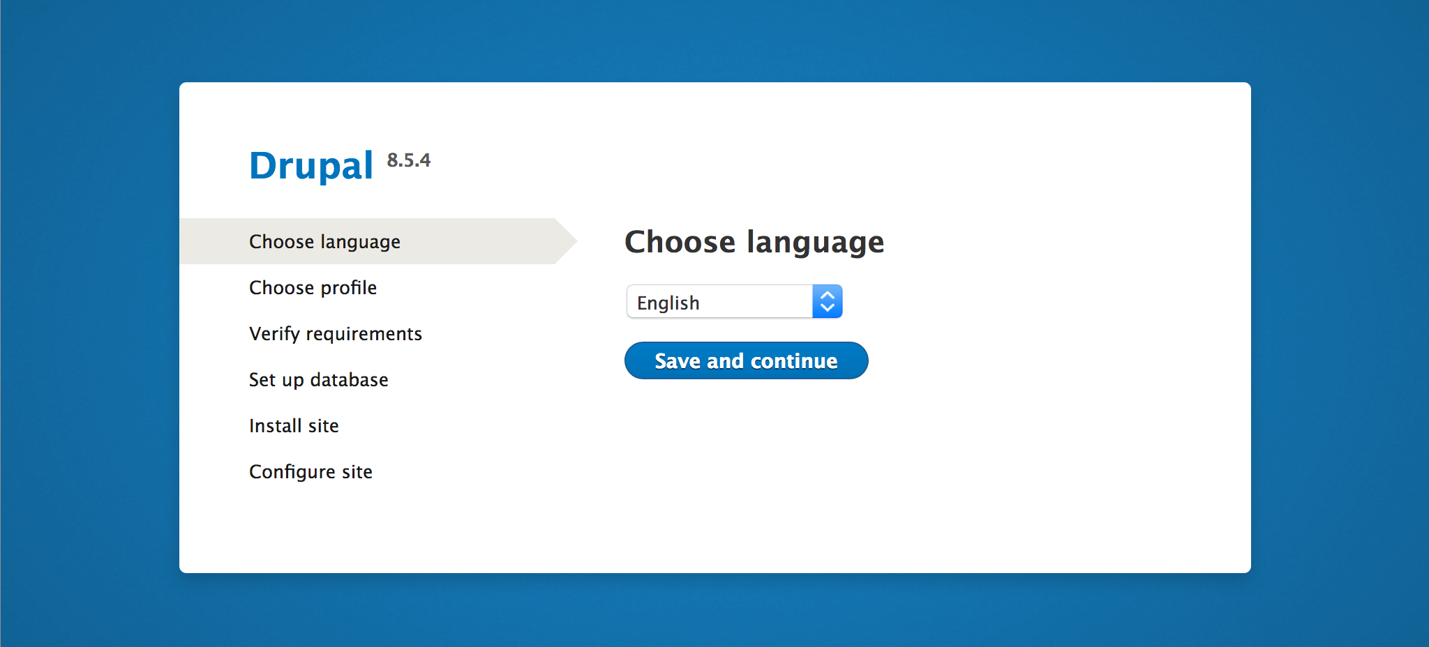 Drupal setup screen in the web browser - 'Choose language' page